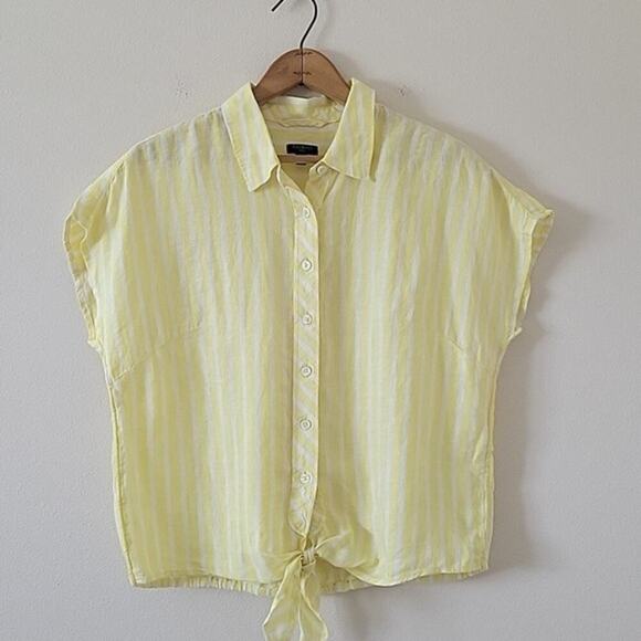Talbots Yellow Striped Tie Hem Button Front Top Size Medium Petite MP - Picture 1 of 7